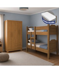 Kit Quarto Beliche Madrid Vira 2 Camas + Guarda-roupa Paris 4 Portas com 2 Colchões - Amêndoa Cedro