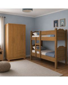 Kit de Quarto Beliche Madrid Vira 2 Camas + Guarda-roupa Paris 4 Portas 2 Gavetas - Amêndoa Cedro