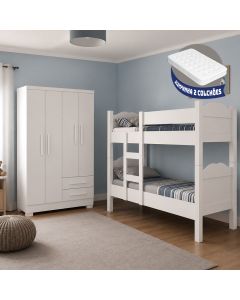 Kit Quarto Beliche Madrid 2 Camas + Guarda-roupa Paris 4 Portas 2 Gavetas com 2 Colchões - Branco