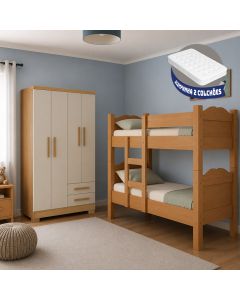 Kit Quarto Beliche Madrid 2 Camas + Guarda-roupa Paris 4 Portas com 2 Colchões - Nature Off White
