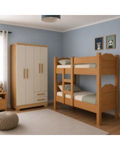 Kit de Quarto Beliche Madrid Vira 2 Camas + Guarda-roupa Paris 4 Portas 2 Gavetas - Nature Off White