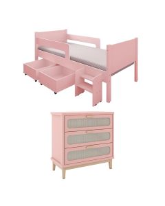 Kit Quarto Infantil Cama Luna com Organizador Escada e Cômoda Isa - Rosa