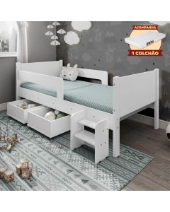 Cama Infantil + Colchão com 2 Baus Organizador Escada Luna Plus Branco