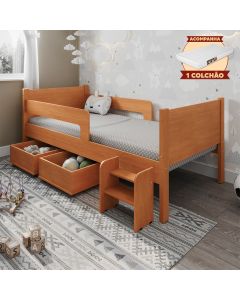 Cama Infantil + Colchão com 2 Baus Organizador Escada Luna Plus Nature