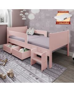 Cama Infantil + Colchão com 2 Baus Organizador Escada Luna Plus Rosa