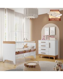 Kit Quarto Infantil Cômoda e Berço Doçura com Colchão Branco/savana