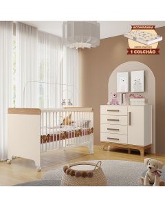 Kit Quarto Infantil Cômoda e Berço Doçura com Colchão Off-white/savana