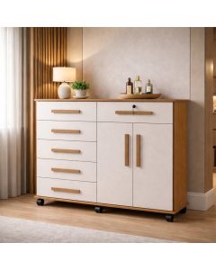 Cômoda Grande C/ Rodinhas para Organização Gran Luxo Porta Tv Rack e Gavetas Amplas Nature/off-white