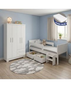 Conjunto Quarto Infantil Cama Luna Plus com Colchão + Guarda-roupa Paris 4 Portas 2 Gavetas - Branco