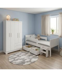 Kit Quarto Infantil Cama Luna Plus 2 Baús e Escada + Guarda-roupa Paris 4 Portas 2 Gavetas - Branco