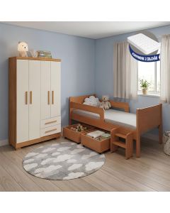 Conjunto Quarto Infantil Cama Luna Plus Nature com Colchão + Guarda-roupa Paris - Cedro/off White