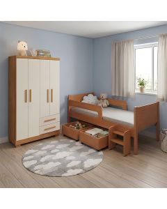 Kit Quarto Infantil Cama Luna Plus Nature 2 Baús e Escada + Guarda-roupa Paris - Cedro/off White