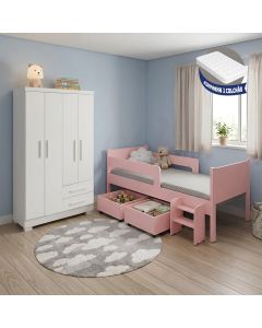 Conjunto Quarto Infantil Cama Luna Plus Rosa com Colchão + Guarda-roupa Paris 4 Portas - Branco