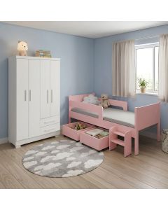 Conjunto Quarto Infantil Cama Luna Plus Rosa 2 Baús e Escada + Guarda-roupa Paris 4 Portas - Branco