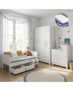 Kit Quarto Completo Cama Luna Plus Colchão + Cômoda Versátil Branca + Guarda-roupa Paris Branco