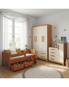 Kit Quarto Luna Plus Nature + Cômoda Versátil Savana Off White + Guarda-roupa Paris Cedro/off White