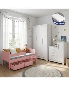 Kit Quarto Completo Cama Luna Plus Rosa Colchão + Cômoda Versátil Branca + Guarda-roupa Paris Branco