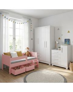 Conjunto Quarto Infantil Cama Luna Plus Rosa + Cômoda Versátil Branca + Guarda-roupa Paris - Branco