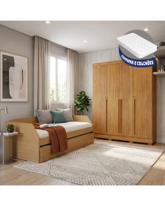 Conjunto Quarto Bicama Duo com Cama Auxiliar + Guarda-roupa Domus Max com 2 Colchões - Amêndoa/cedro
