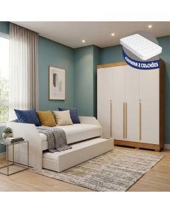 Conjunto Quarto Sofá-cama Duo + Guarda-roupa Domus Max 4 Portas com 2 Colchões - Branco/off-white