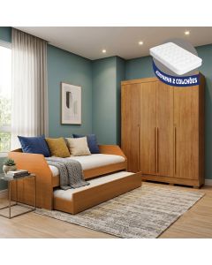 Conjunto Quarto Bicama Duo + Guarda-roupa Casal Domus Max 4 Portas com 2 Colchões - Nature/cedro