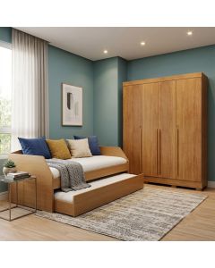 Conjunto Quarto Sofá-cama Duo com Cama Auxiliar + Guarda-roupa Domus Max 4 Portas - Amêndoa/cedro
