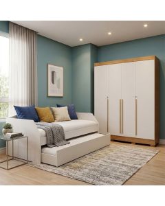 Conjunto Quarto Sofá-cama Duo com Cama Auxiliar + Guarda-roupa Domus Max 4 Portas - Branco/off-white