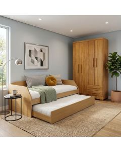 Conjunto Quarto Sofá-cama Duo com Cama Auxiliar + Guarda-roupa Paris 4 Portas Casal - Amêndoa/cedro