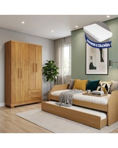 Conjunto Quarto Sofá-cama Duo + Guarda-roupa Paris 4 Portas 2 Gavetas com 2 Colchões - Amêndoa/cedro