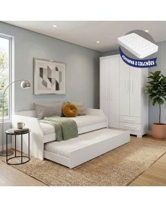 Conjunto Quarto Sofá-cama Duo + Guarda-roupa Paris Casal 4 Portas 2 Gavetas com 2 Colchões - Branco
