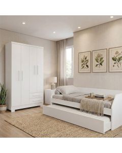 Conjunto Quarto Sofá-cama Duo com Cama Auxiliar + Guarda-roupa Paris 4 Portas 2 Gavetas - Branco