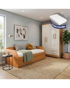 Conjunto Quarto Bicama Duo + Guarda-roupa Paris 4 Portas 2 Gavetas com 2 Colchões - Nature/off-white