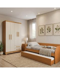 Conjunto Quarto Bicama Duo com Cama Auxiliar + Guarda-roupa Paris 4 Portas Casal - Nature/off-white