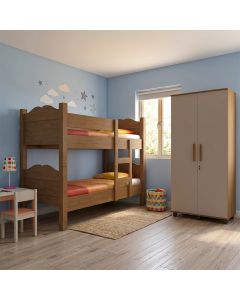 Conjunto Beliche Madrid Amêndoa com Grades + Guarda-roupa Ouro Solteiro 2 Portas Amêndoa Premium