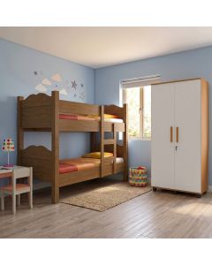 Conjunto Beliche Madrid Amêndoa Que Vira 2 Camas + Armário Ouro 2 Portas Nature Off White Premium