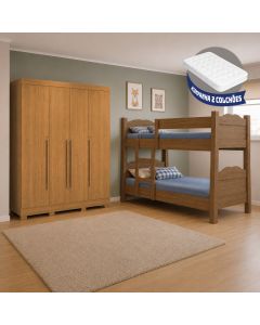 Kit Quarto Beliche Madrid + Roupeiro Domus Max 4 Portas 3 Gavetas com 2 Colchões - Amêndoa/cedro