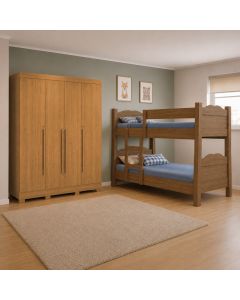 Kit Quarto Beliche Madrid Vira 2 Camas + Guarda-roupa Domus Max 4 Portas 3 Gavetas - Amêndoa/cedro