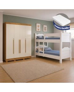 Conjunto Quarto Beliche Madrid + Guarda-roupa Domus Max 4 Portas com 2 Colchões - Branco/off-white