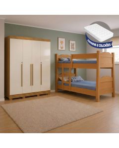 Kit Quarto Beliche Madrid + Roupeiro Domus Max 4 Portas 3 Gavetas com 2 Colchões - Nature/off-white