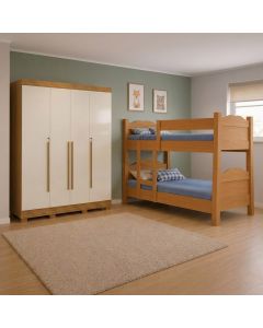 Kit Quarto Beliche Madrid Vira 2 Camas + Roupeiro Domus Max 4 Portas 3 Gavetas - Nature/off-white