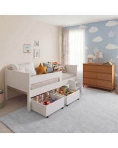 Conjunto Cama Infantil Luna Plus 2 Baús e Escada + Cômoda Londres 6 Gavetas Nature/off-white