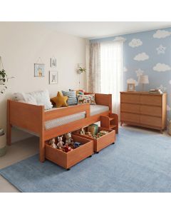 Conjunto Cama Infantil Luna Plus 2 Baús e Escada + Cômoda Londres 6 Gavetas Nature