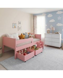 Conjunto Cama Infantil Luna Plus 2 Baús e Escada + Cômoda Londres 6 Gavetas Branco/rosa