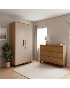 Conjunto Cômoda Londres 6 Gavetas e Roupeiro Solteiro Ouro 2 Portas para o Dormitório - Amêndoa