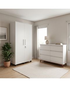 Conjunto Cômoda para Quarto Londres 6 Gavetas e Armário Organizador Multiuso Ouro 2 Portas - Branco