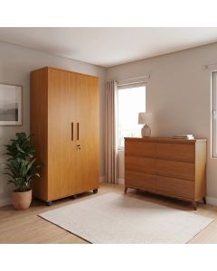 Conjunto Cômoda Londres 6 Gavetas e Guarda Roupa Solteiro Ouro 2 Portas para Dormitório - Nature