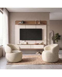 Conjunto Sala Painel Tv 70" Concept + 2 Poltronas Eloah Base Giratória Bouclé Italiano Design Bege