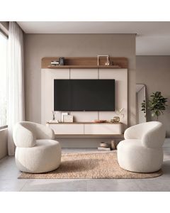 Conjunto Sala Painel Tv 70" Concept + 2 Poltronas Eloah Base Giratória Bouclé Italiano Off-white