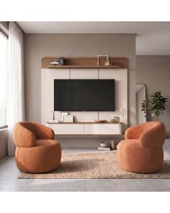 Conjunto Sala Painel Tv 70" Concept + 2 Poltronas Eloah Base Giratória Bouclé Italiano Terracota