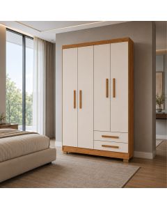 Guarda Roupa Paris 4 Portas 2 Gavetas Premium com Corrediças Telescópicas Cedro/off White